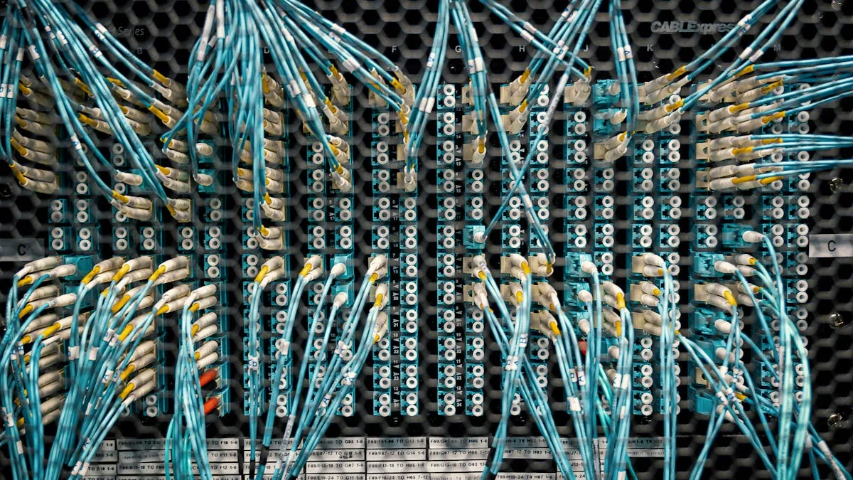 Câbles fibre optique en baie réseau — déploiement téléphonique